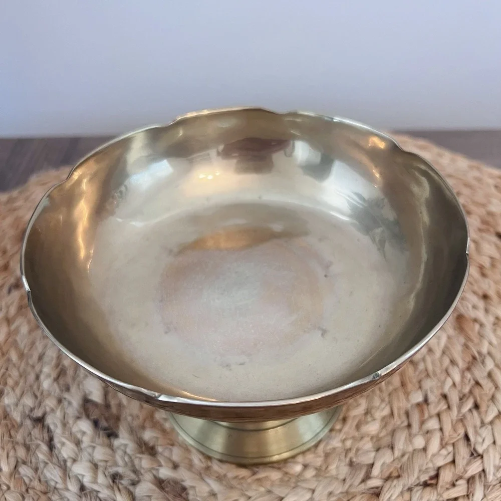 Solid Brass Pedestal Bowl Compote – Wide Shallow Dish on Turned Base 5 3/8